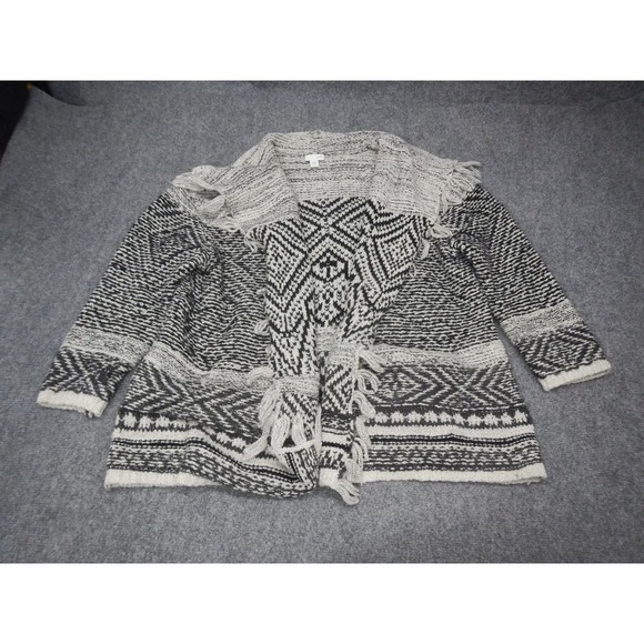 J.Jill Cardigan Sweater Petite Large Knit Geometric Pattern Black White Fringe - Picture 1 of 9